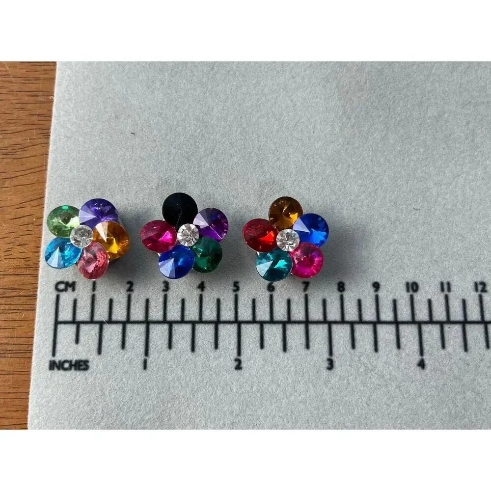 Vintage Rhinestone Button Covers Rainbow Flower Cluster Clip Set of 3